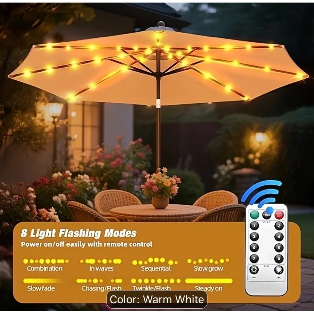 130 LED Patio Umbrella Fairy Lights Warm White 8‎ Modes Remote IP45 Battery Op